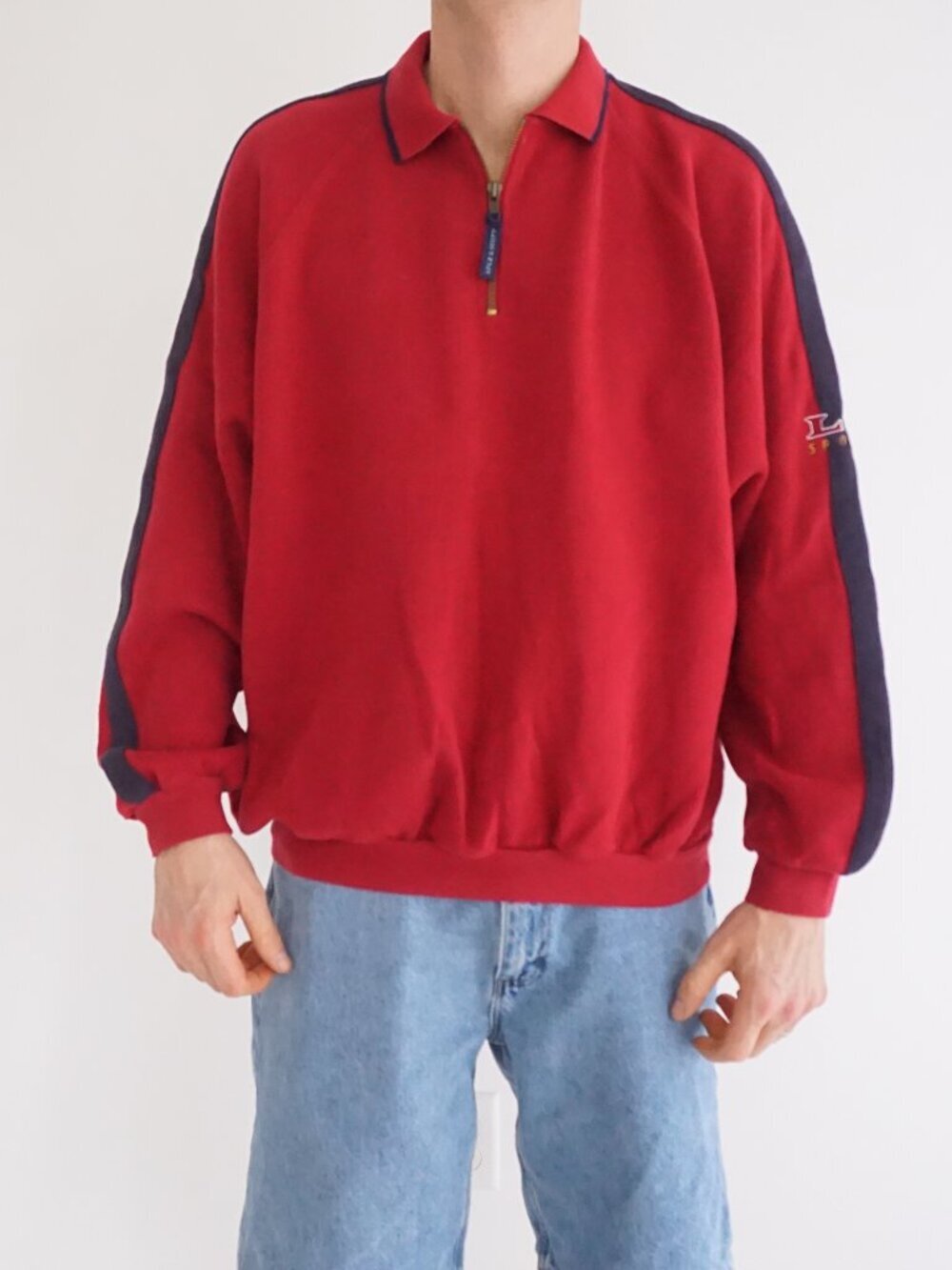 Vintage Lyle and Scott Red Quarter Zip Spellout Golf Cotton Sweater Pullover L
